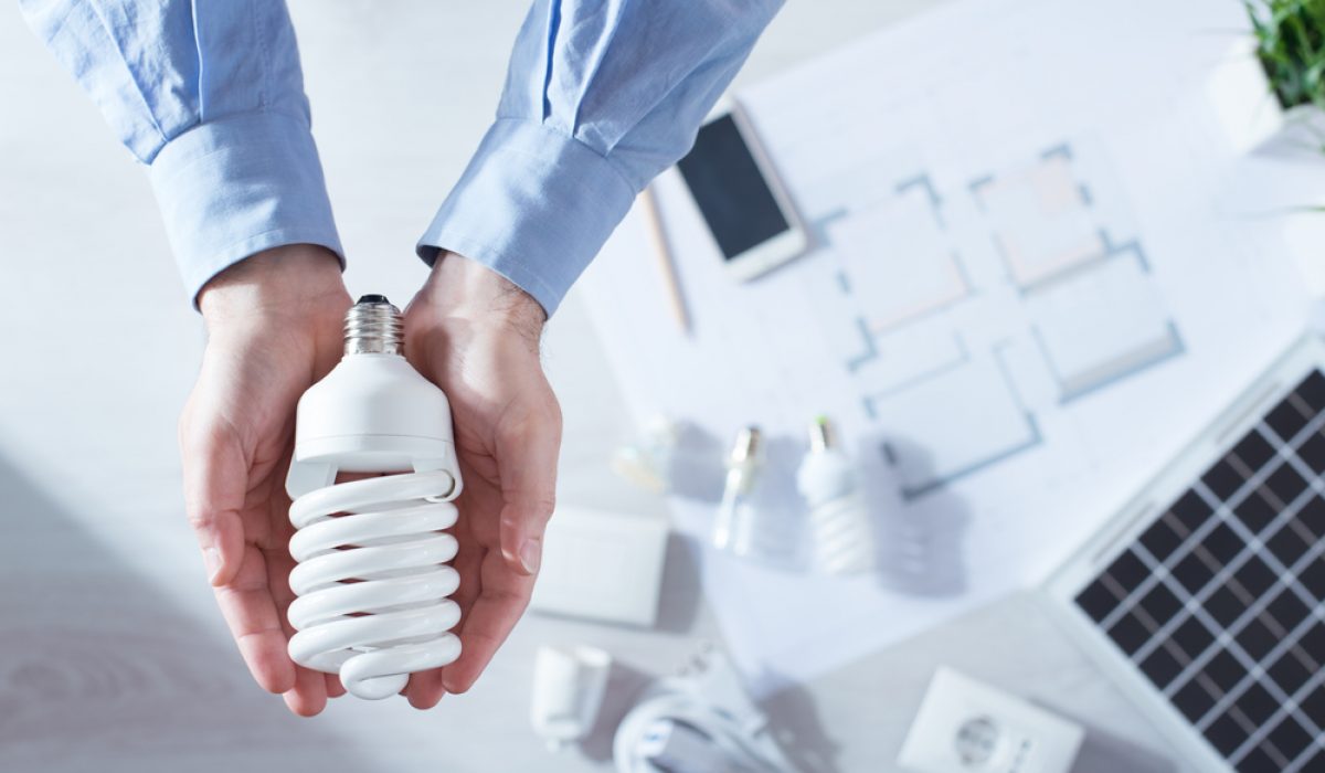 Man holding a CFL energy saving lamp, solar panel and house project on background, top view